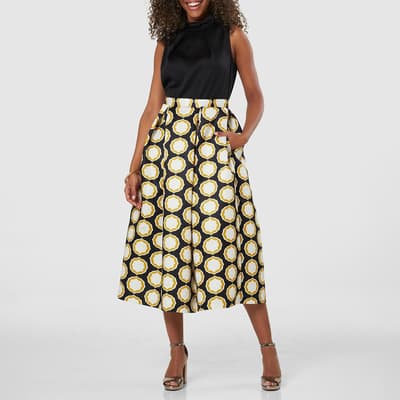 Black 2-in-1 Full Skirt Print Midi Dress
