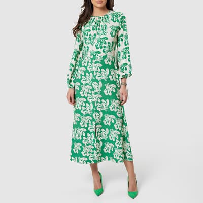 Green Printed Gathered Neck Midi Dress