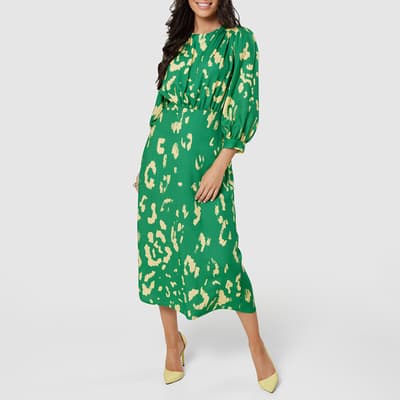 Green Print V-Back With Bow Midi Dress