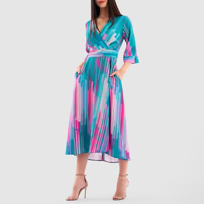 Blue/Pink High-Low Wrap Print Dress