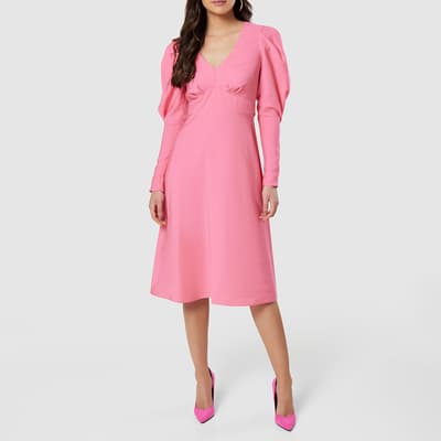 Pink V-Neck A-line Midi Dress