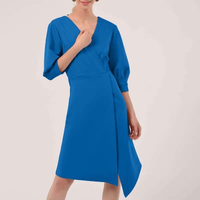 Blue Pleated Sleeve Wrap Dress