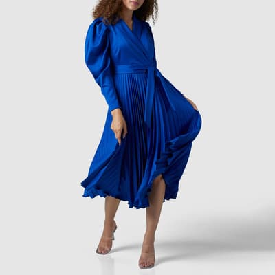 Blue Long Sleeve Pleated Wrap Midi Dress
