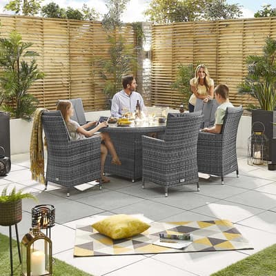 Sienna 6 Seat Dining Set with Fire Pit, 1.8m x 1.2m Oval Table, Grey