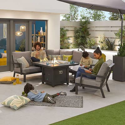 Vogue Compact Corner Dining Set with Firepit Table & Lounge Chair, Grey