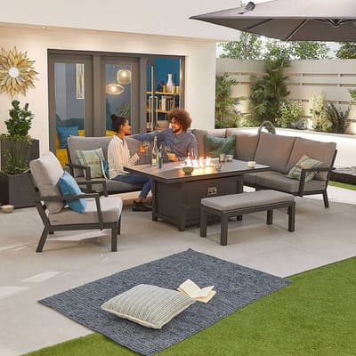 Vogue Corner Dining Set with Firepit Table & Lounge Chair & Bench, Grey