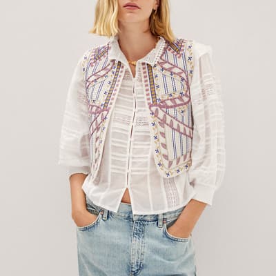 Ecru Embroidered Quilted Cotton Gilet