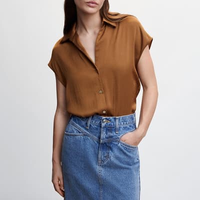 Brown Short-Sleeved Satin Shirt