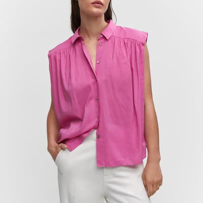 Pink Sleeveless Button-Down Cotton Blend Shirt
