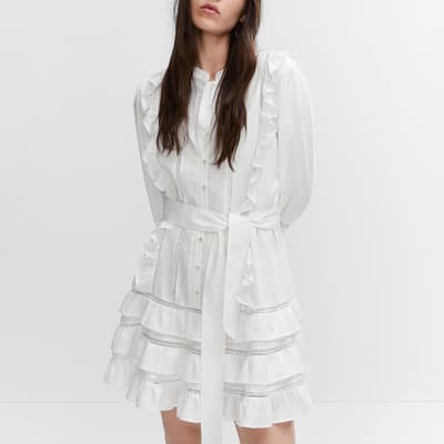 White Lace Ruffle Cotton Blend Dress