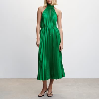 Green Pleated Halter Neck Dress