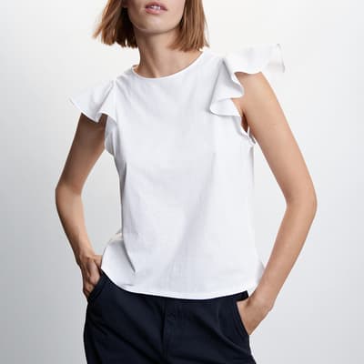 White Ruffled Sleeve Cotton T-Shirt