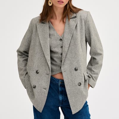 Grey Double Breasted Wool Blend Blazer