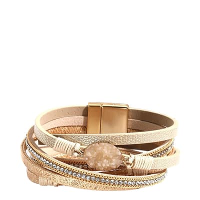 18K Gold Champagne Leather Gemstone Bracelet