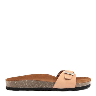 Beige Leather Slip On Flat Sandals