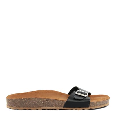 Black Leather Slip On Flat Sandals