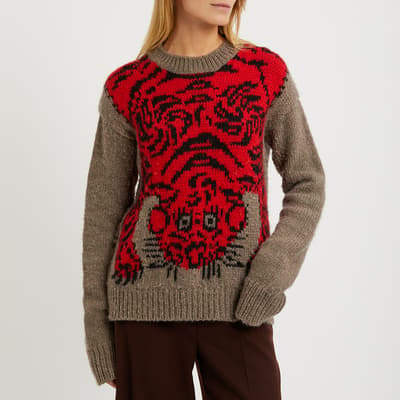 Red And Brown Wool-Blend Tiger Jumper - Size M