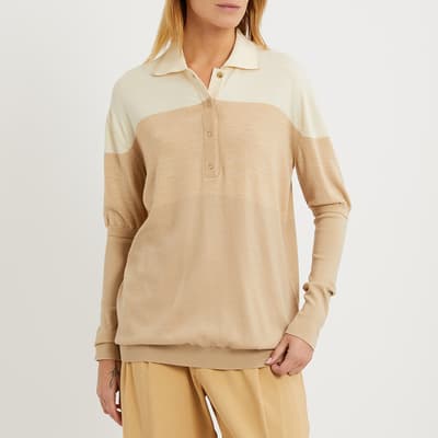 Beige Two-Tone Long-Sleeve Polo Shirt - Size M
