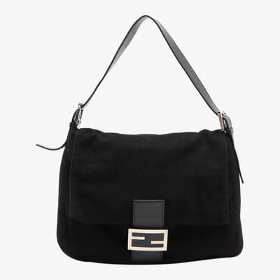 Black Wool And Leather Baguette Bag
