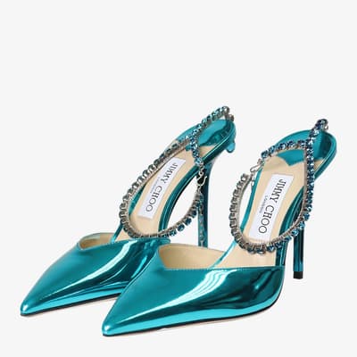 Blue Metallic Pointed-Toe Diamante-Strap Heels - Size UK 5