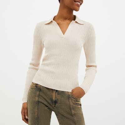 Beige Ribbed Long Sleeve Polo Top