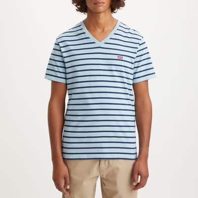 Pale Blue V-Neck Stripe Cotton T-Shirt