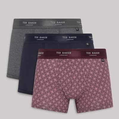 Grey, Navy and Star Flower Burgundy 3-Pack Cotton Boxer