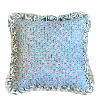 Aquamarine Flower Jaal Ruffle Cushion Cover 