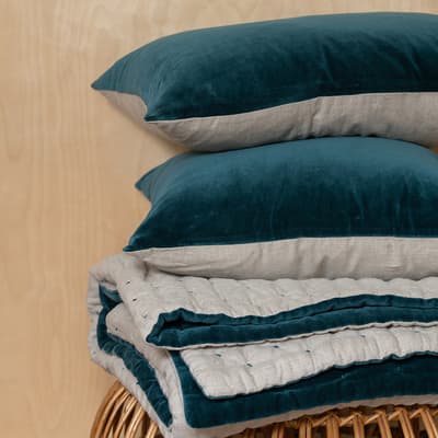Velvet Linen Rectangular Cushion, Lomond Teal & Natural Linen