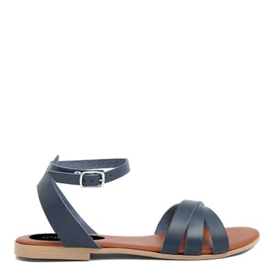 Blue Leather Strappy Flat Sandals