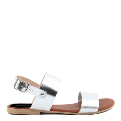 Silver Leather Double Strap Flat Sandals
