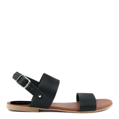 Black Leather Double Strap Flat Sandals