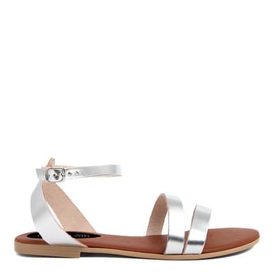 Silver Leather Ankle Buckle Flat Sandals