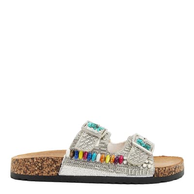 White Beaded Double Band Cork Flat Sandals