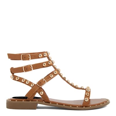 Camel Leather Studded Embroidery Flat Sandals