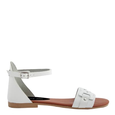 White Leather Detailed Flat Sandals