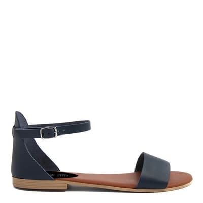 Blue Leather Buckle Flat Sandals