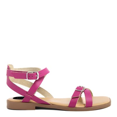 Pink Leather Buckle Detailed Flat Sandals
