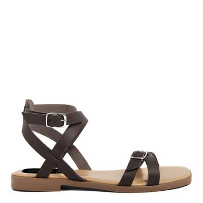 Brown Leather Buckle Detailed Flat Sandals
