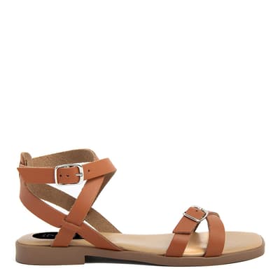 Beige Leather Strappy Ankle Flat Sandals