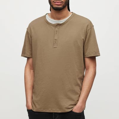 Khaki Figure Henley Cotton T-Shirt