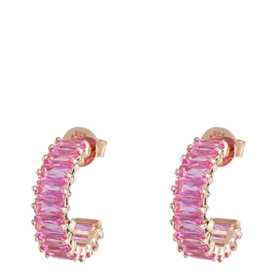 Rose Gold Emerald Cut Hoops with Pink Stones