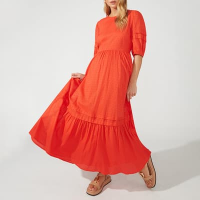 Orange Broderie Cotton Midi Dress