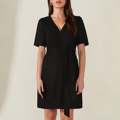Black Linen Button Front Mini Dress