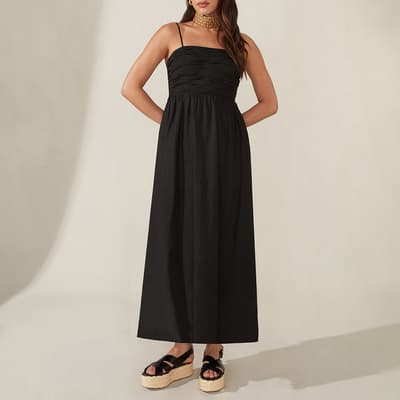 Black Strappy Linen Midi Dress