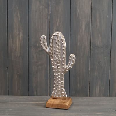 Aluminium cactus on wooden base
