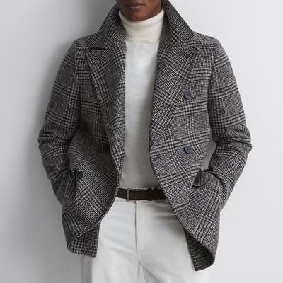 Black Brag Check Wool Blend Coat