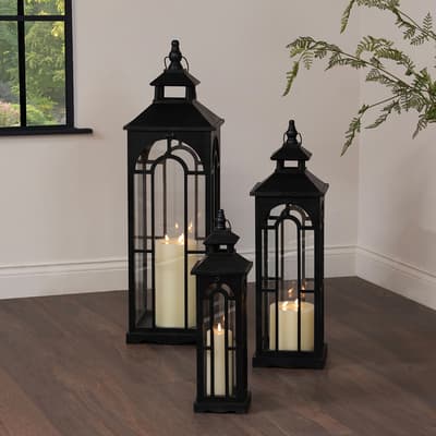 Set Of 3 Black Window Style Lanterns With Open Top