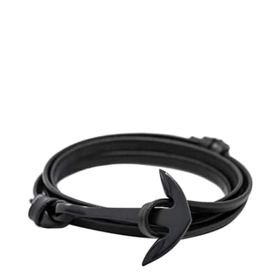 Black Plated Black Leather Anchor Bracelet