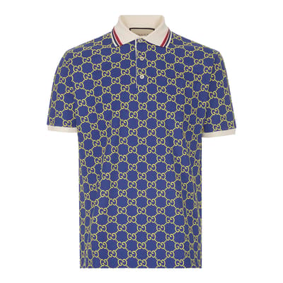 Men's Blue Printed Cotton Polo Shirt                            